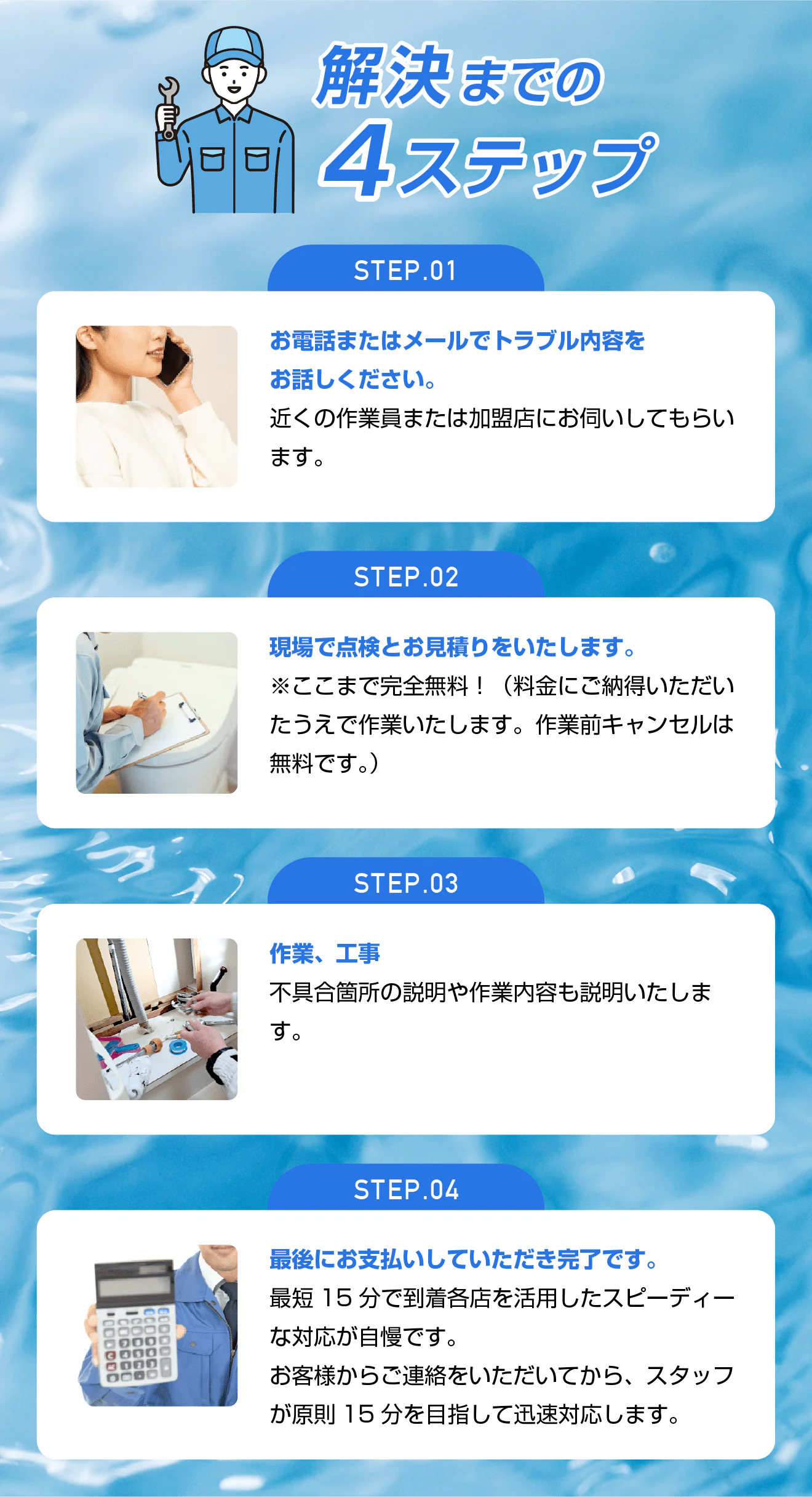 解決までの4ステップ／STEP01 お電話またはメールでトラブル内容をお話しください。近くの作業員または加盟店にお伺いしてもらいます。／STEP02　現場で点検とお見積りをいたします。※ここまで完全無料！（料金にご納得いただいたうえで作業いたします。作業前キャンセルは無料です。）／STEP03　作業、工事　不具合箇所の説明や作業内容も説明いたします。／STEP04　最後にお支払いしていただき完了です。最短15分で到着各店を活用したスピーディーな対応が自慢です。お客様からご連絡をいただいてから、スタッフが原則15分を目指して迅速対応します。