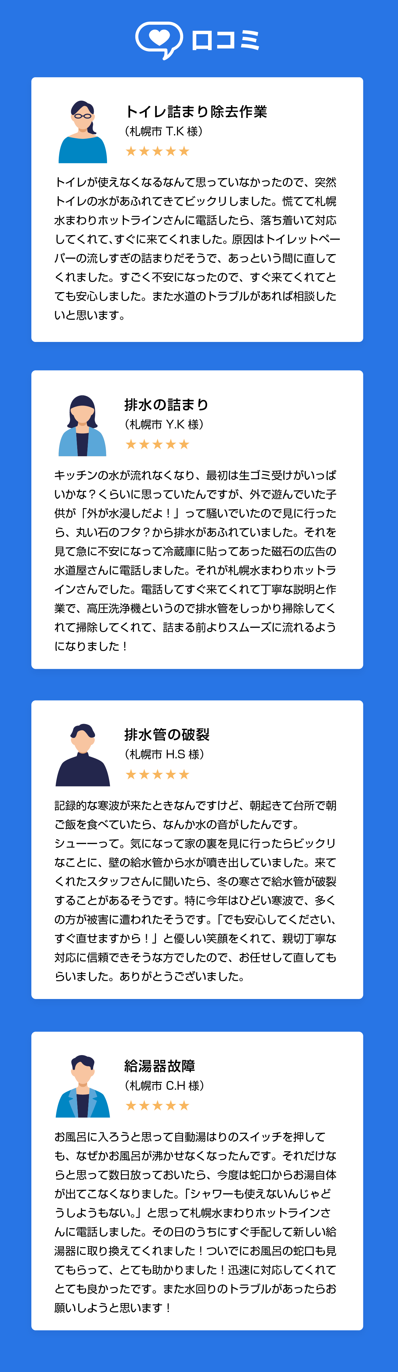 支払い方法／トイレ詰まり除去作業（札幌市 T.K様）トイレが使えなくなるなんて思っていなかったので、突然トイレの水があふれてきてビックリしました。慌てて札幌水まわりホットラインさんに電話したら、落ち着いて対応してくれて、すぐに来てくれました。原因はトイレットペーパーの流しすぎの詰まりだそうで、あっという間に直してくれました。すごく不安になったので、すぐ来てくれてとても安心しました。また水道のトラブルがあれば相談したいと思います。／排水の詰まり（札幌市 Y.K様）キッチンの水が流れなくなり、最初は生ゴミ受けがいっぱいかな？くらいに思っていたんですが、外で遊んでいた子供が「外が水浸しだよ！」って騒いでいたので見に行ったら、丸い石のフタ？から排水があふれていました。それを見て急に不安になって冷蔵庫に貼ってあった磁石の広告の水道屋さんに電話しました。それが札幌水まわりホットラインさんでした。電話してすぐ来てくれて丁寧な説明と作業で、高圧洗浄機というので排水管をしっかり掃除してくれて掃除してくれて、詰まる前よりスムーズに流れるようになりました！／排水管の破裂（札幌市 H.S様）記録的な寒波が来たときなんですけど、朝起きて台所で朝ご飯を食べていたら、なんか水の音がしたんです。シューーって。気になって家の裏を見に行ったらビックリなことに、壁の給水管から水が噴き出していました。来てくれたスタッフさんに聞いたら、冬の寒さで給水管が破裂することがあるそうです。特に今年はひどい寒波で、多くの方が被害に遭われたそうです。「でも安心してください、すぐ直せますから！」と優しい笑顔をくれて、親切丁寧な対応に信頼できそうな方でしたので、お任せして直してもらいました。ありがとうございました。／給湯器故障（札幌市 C.H様）お風呂に入ろうと思って自動湯はりのスイッチを押しても、なぜかお風呂が沸かせなくなったんです。それだけならと思って数日放っておいたら、今度は蛇口からお湯自体が出てこなくなりました。「シャワーも使えないんじゃどうしようもない。」と思って札幌水まわりホットラインさんに電話しました。その日のうちにすぐ手配して新しい給湯器に取り換えてくれました！ついでにお風呂の蛇口も見てもらって、とても助かりました！迅速に対応してくれてとても良かったです。また水回りのトラブルがあったらお願いしようと思います！