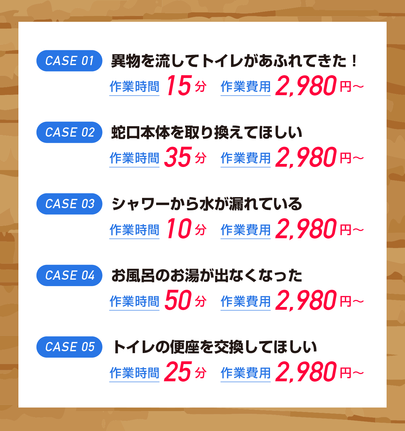 異物を流してトイレがあふれてきた！作業時間15分、作業費用2,980円〜。蛇口本体を取り換えてほしい　作業時間35分、作業費用2,980円〜。シャワーから水が漏れている　作業時間10分、作業費用2,980円〜。お風呂のお湯が出なくなった　作業時間50分、作業費用2,980円〜。トイレの便座を交換してほしい　作業時間25分、作業費用2,980円〜。